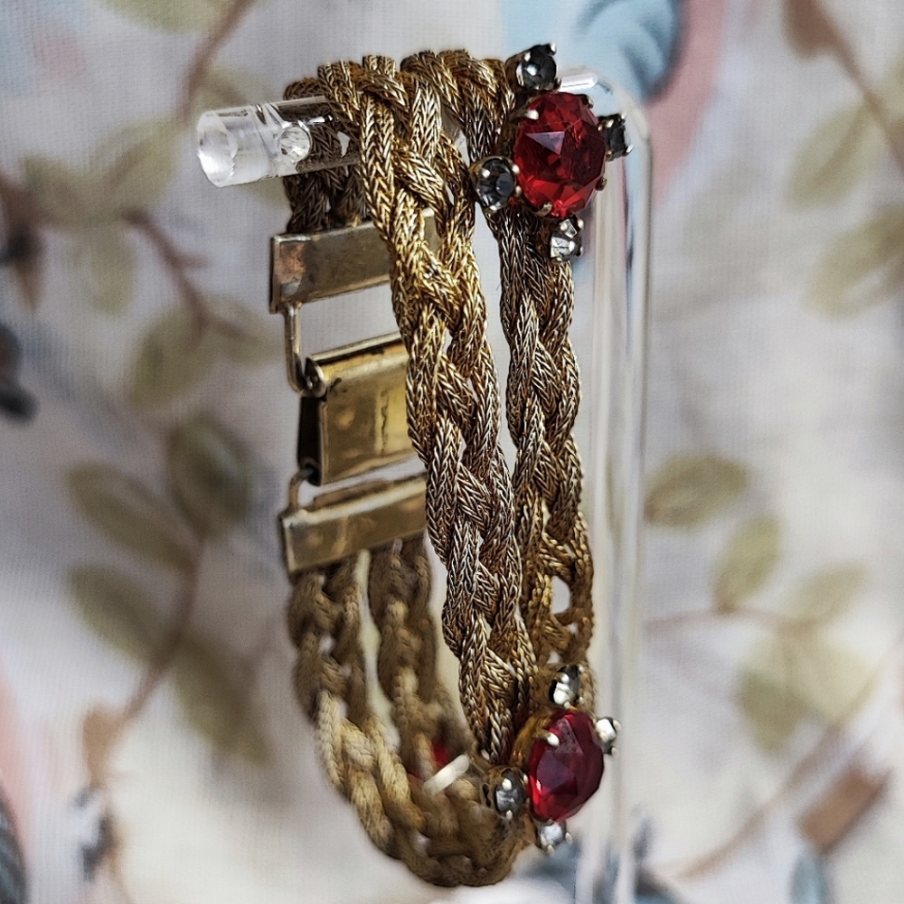 Dual Strand Braided Sterling Vintage Gold Wash Slide Bracelet Red & Gray Stones - Picture 4 of 15